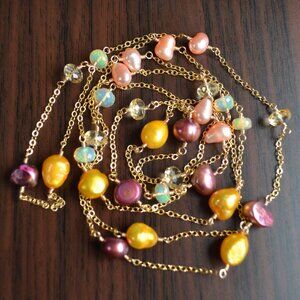 Long Pearl and Gemstone Wrap Necklace in Gold